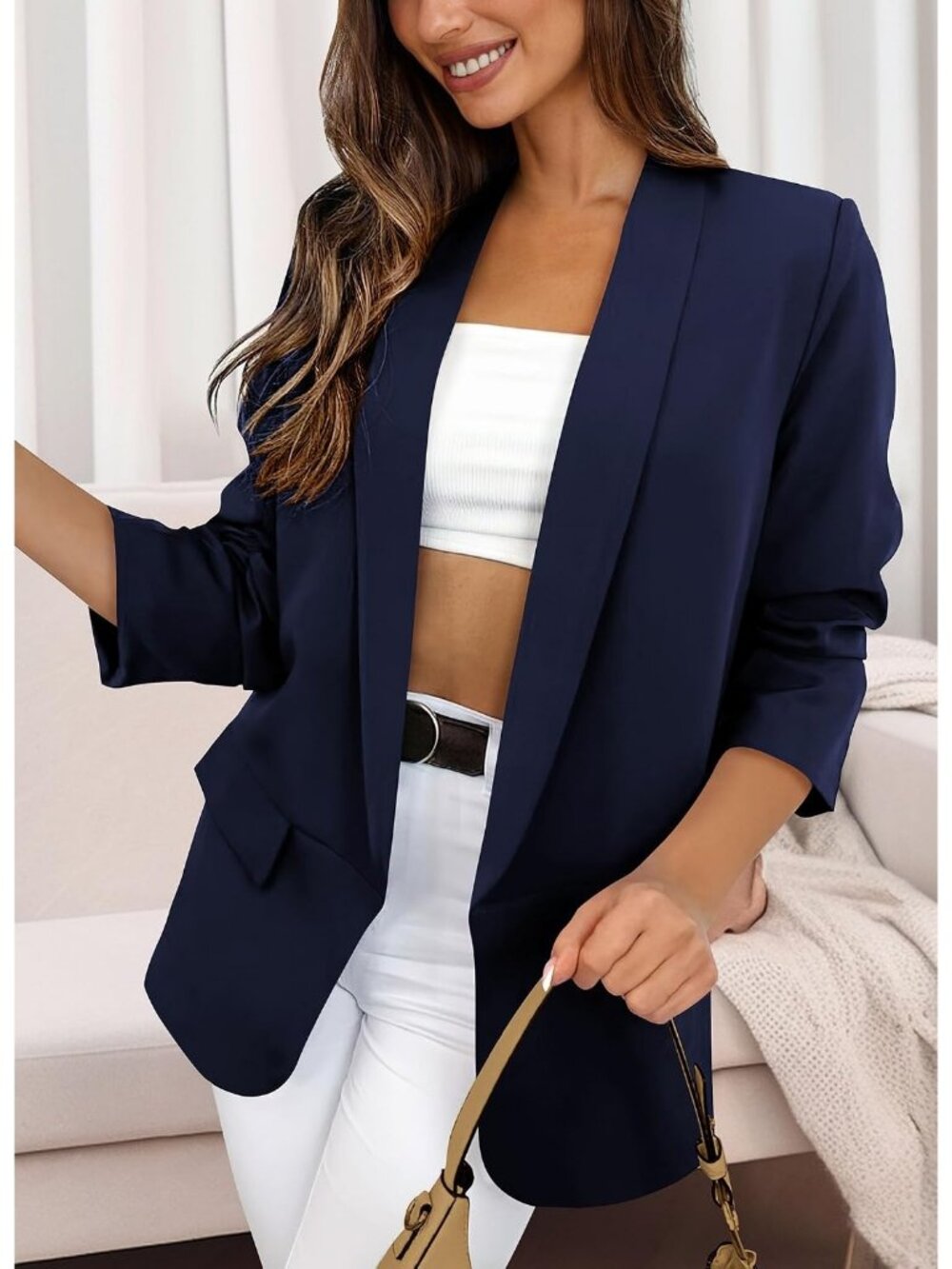 Women's Dark Blue Comfy Fabric Blazer Jacket Business Casual Open Front Suits - Picture 4 of 5